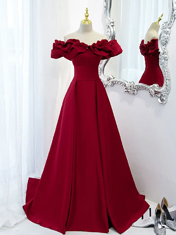 Burgundy A-Line Satin Long Prom Dress, Burgundy Formal Evening Dresses Square Neckline Feminine