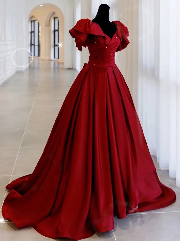 Burgundy off shoulder satin long prom dress, burgundy evening dress Tunics Versatile stylish