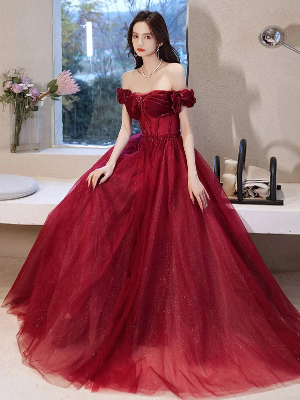 Burgundy off shoulder tulle long prom dress, burgundy evening dress Tunics Denim casual