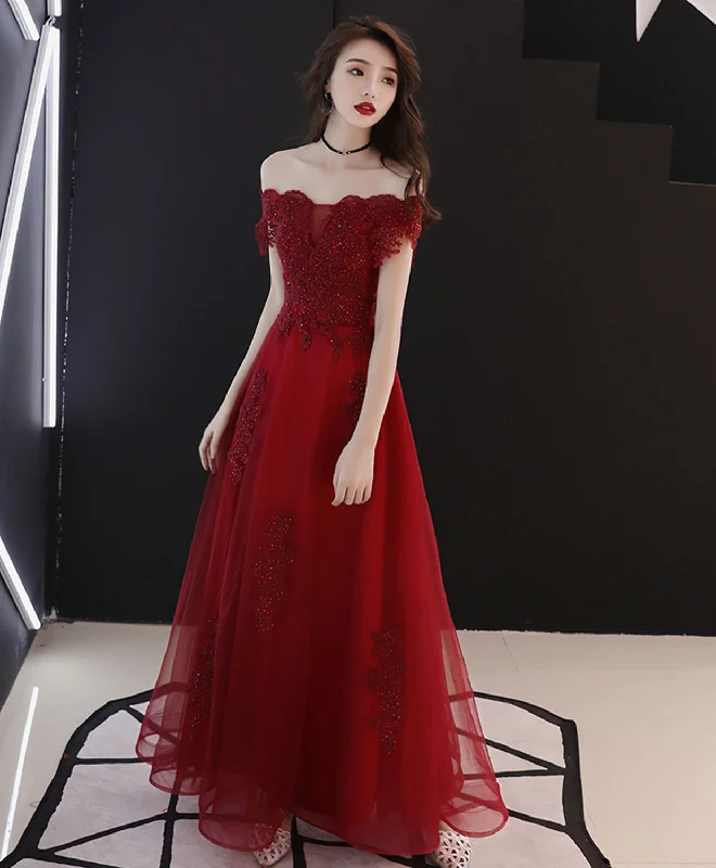 Burgundy Tulle Off Shoulder Lace Tea Length Prom Dress Lace Evening Dress Tunics Designer luxury