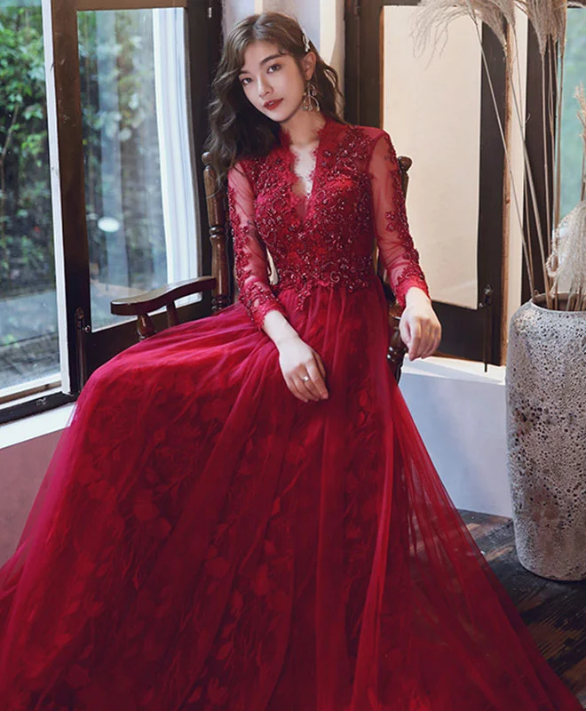 Burgundy V Neck Tulle Lace Long Prom Dress Burgundy Lace Evening Dress Tunics Fashionable trendy