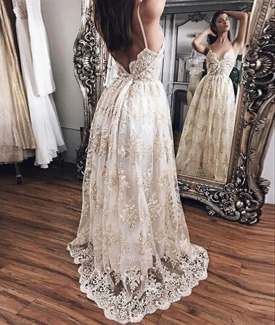 Champagne lace long prom dress, backless lace evening dress Tunics Luxurious high-end