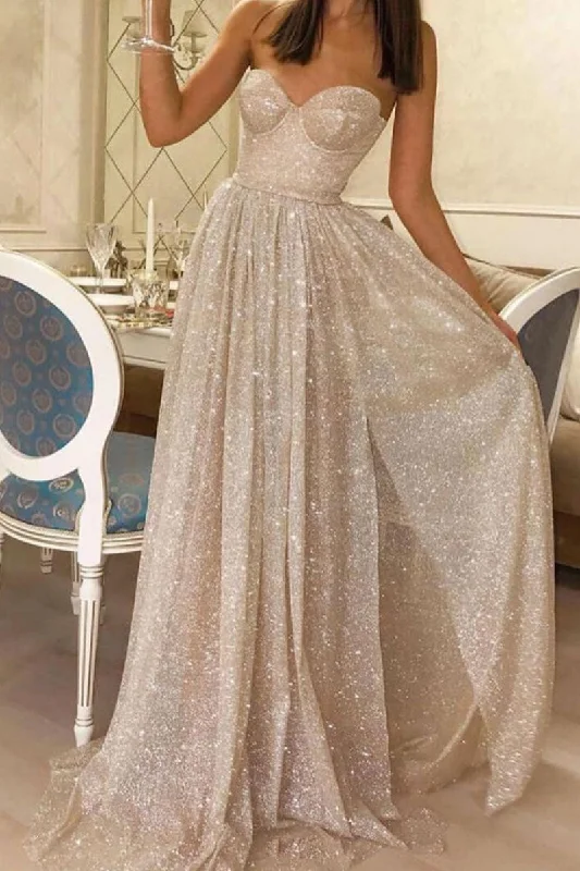 Champagne sweetheart tulle sequin long prom dress tulle evening dress Tunics Canvas sturdy