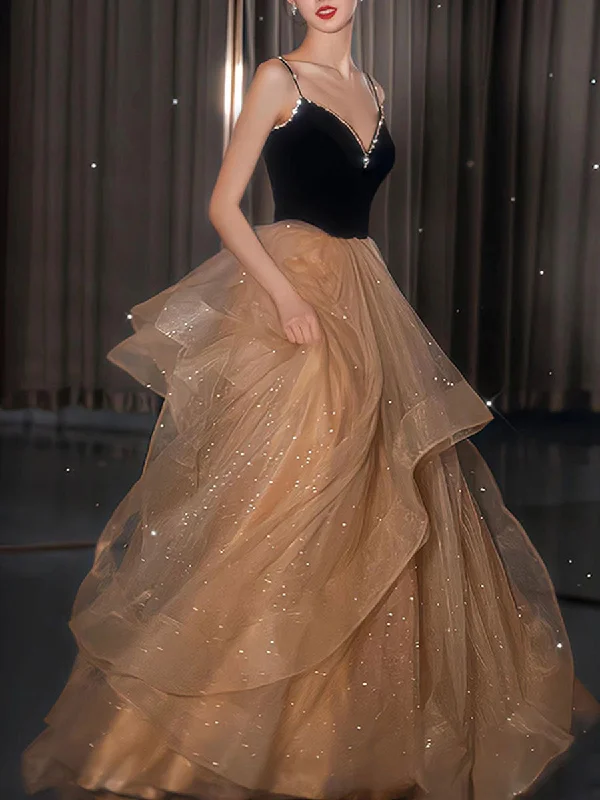 Champagne v neck tulle long prom dress, champagne evening dress Crew Neckline Casual