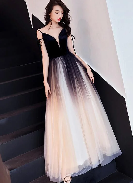 Charming Black Gradient Tulle and Velvet Long Party Dress,Black Party Dress Crew Neckline Sporty