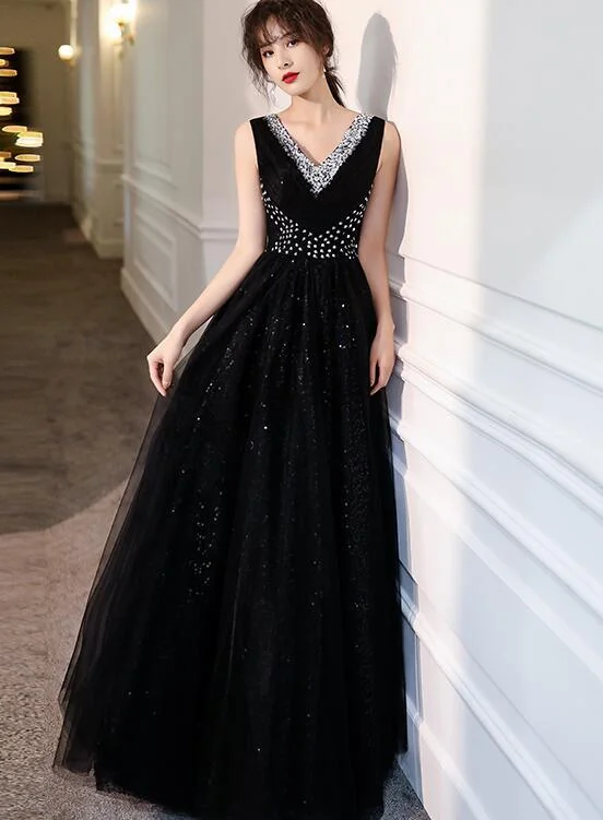 Charming Black Sequins and Beaded V-neckline Long Party Dress, Black Formal Dress Tunics Chic fashionable