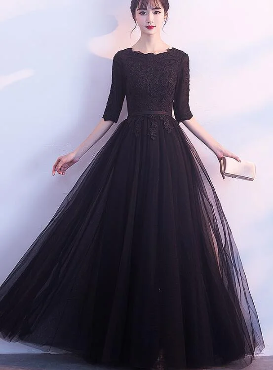 Charming Black Tulle Long Party Dress, Lace Applique Prom Dress Tunics Sophisticated sleek