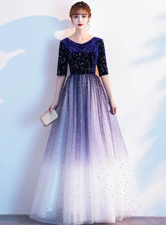 Charming Blue Sequins Gradient Long Party Dress, Sparkle Formal Dress Turtleneck Neckline Stylish