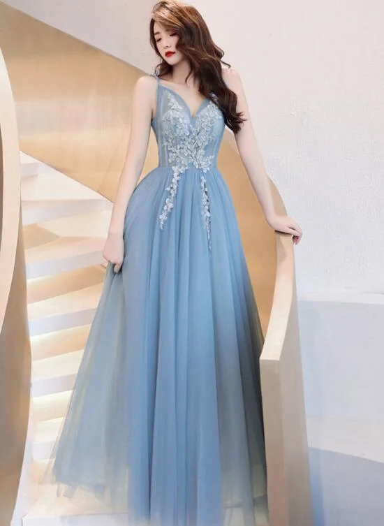 Charming Blue V-neckline Tulle Party Dress with Staps, Long Prom Dress Tunics Seasonal trendy