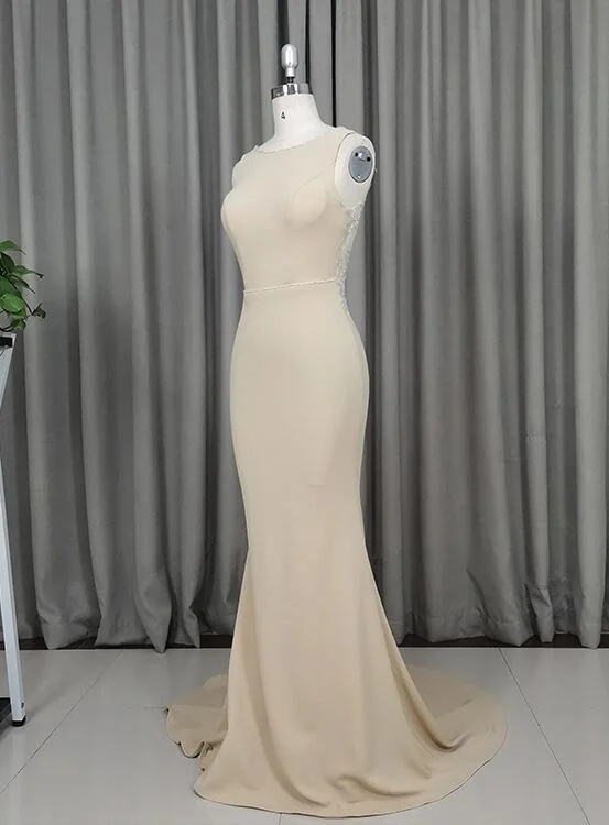 Charming Champagne Mermaid Backless Evening Gown, Lace Applique Party Dress Tunics Summer linen