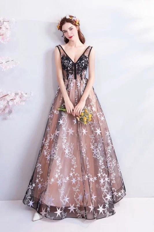 Charming Floor Length Sleeveless Prom with Stars A Line Appliques Evening Dress Tunics Prom sequined