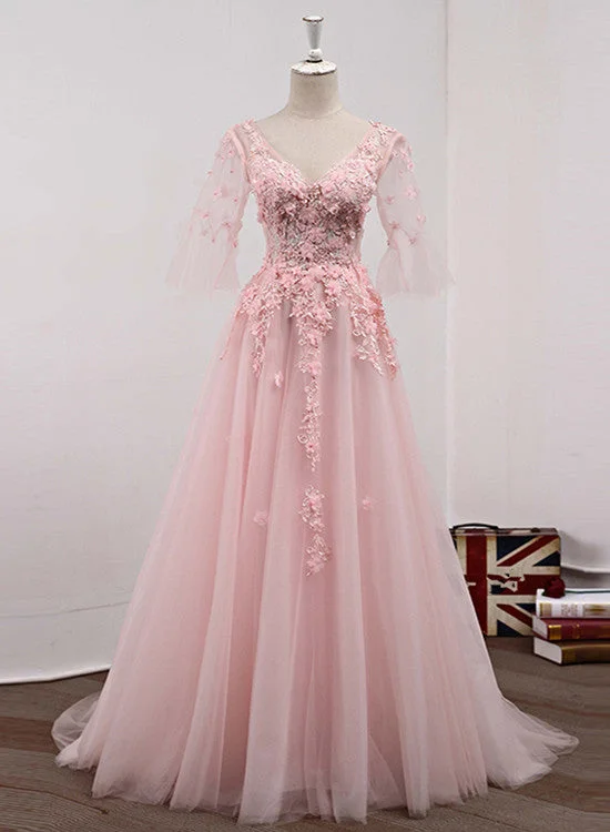 Charming Light Pink Tulle with Lace Applique Party Dress, V-neckline Prom Dress Lace Sexy Club