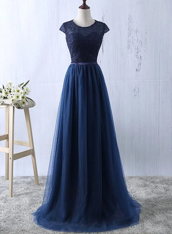 Charming Navy Blue Tulle and Lace Long Bridesmaid Dress, Long Party Dress Tunics Cozy soft