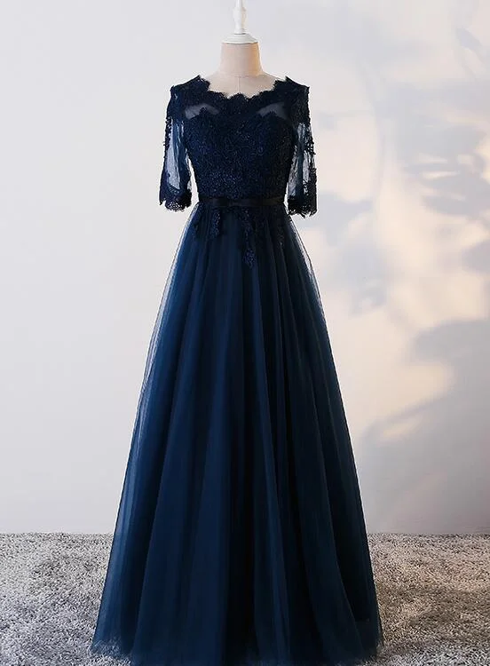 Charming Navy Blue Tulle Long Party Dress , Blue Prom Dress Tunics Bridal satin