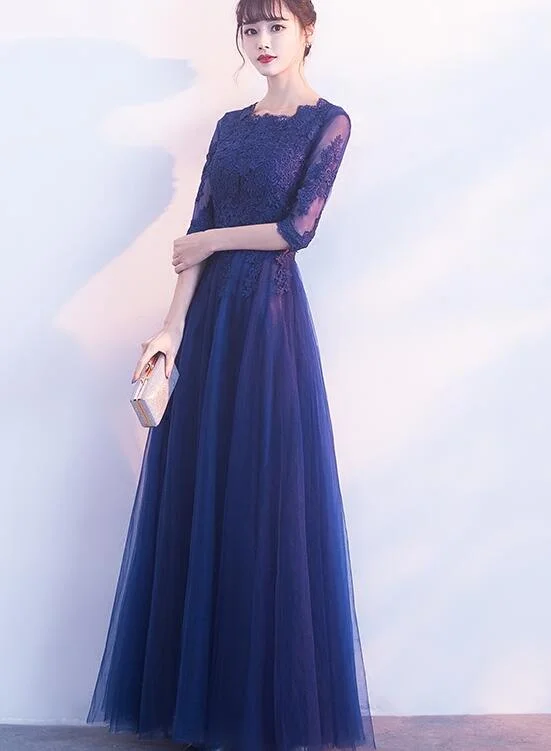 Charming Navy Blue Tulle Long Party Dress, A-line Bridesmaid Dress Tunics Travel practical