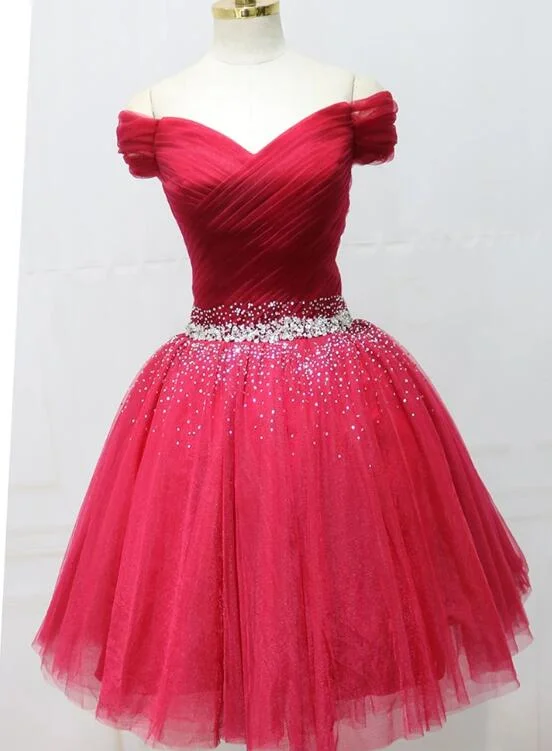 Charming Red Off Shoulder Tulle Short Party Dress, A-line Prom Dress Tunics Party sparkling