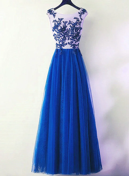 Charming Royal Blue Tulle Long Party Dress, Lace Applique Formal Dress Pencil Length Work