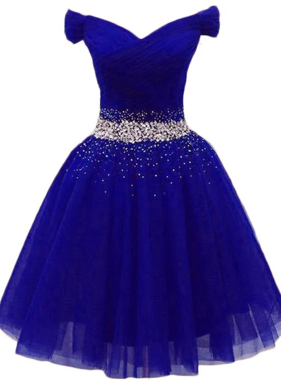 Charming Royal Blue Tulle Party Dress, Beaded Short Homecoming Dress Tunics Bridal satin