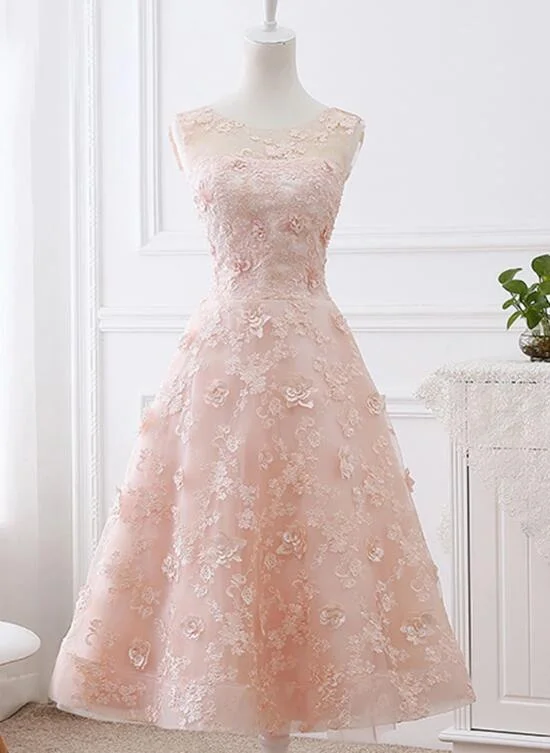 Charming Tea Length Light Pink Lace Wedding Party Dress, Pink Party Dress Tunics Versatile stylish