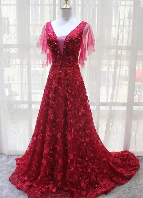 Charming Wine Red Lace A-line Long Prom Dress, Party Dress Tunics Distressed trendy