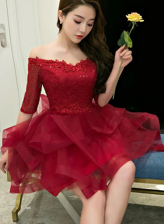 Charming Wine Red Short Sleeves Tulle Layer Party Dress, Homecoming Dress Tunics Leisure comfortable