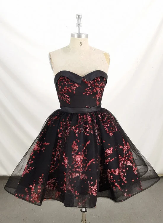 Cute Black Lace Floral Short Party Dress , Black Homecoming Dress Lace Sexy Club