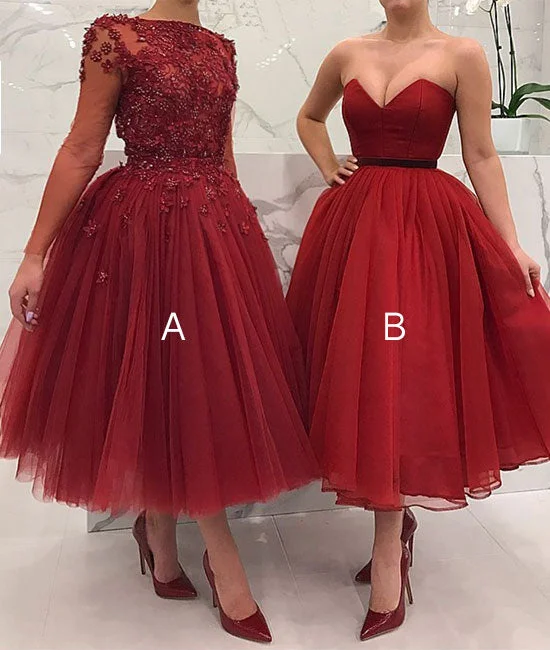 Cute burgundy tulle short prom dress, burgundy evening dress Tunics Sophisticated sleek