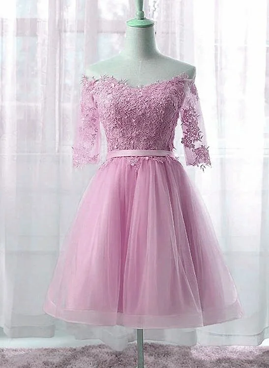 Cute Pink New Style Party Dress with Lace Applique, Short Prom Dress Tunics Polka dots