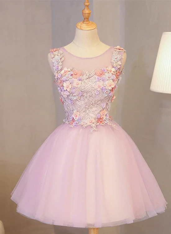 Cute Pink Round Neckline Tulle Party Dress with Flowers, Lovely Formal Dress Peplum Ruffle Cocktail