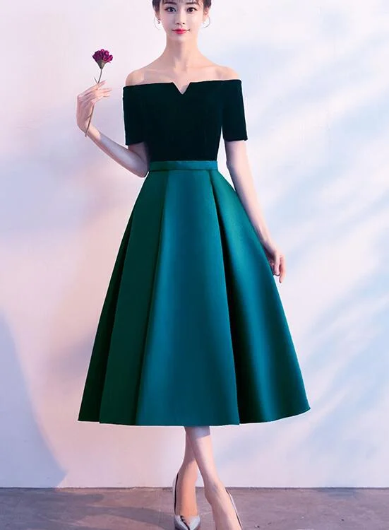 Cute Tea Length Green Velvet and Satin Wedding Party Dress, Bridesmaid Dresses Bodycon Fitted Nightout