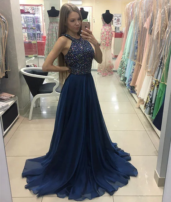 Dark blue beads chiffon A-line long prom dress, blue evening dress Sequined Elegant Party