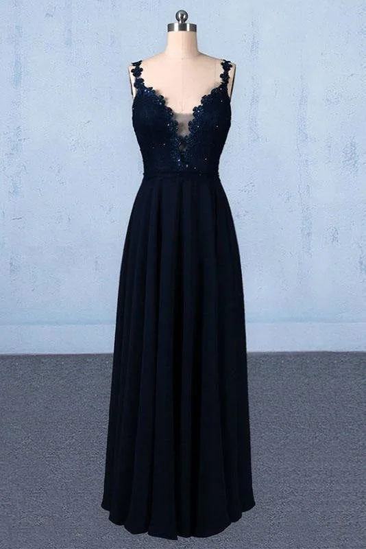 Dark Navy Blue Straps Floor Length Evening Dresses Long Chiffon Prom Dress with Lace Tunics Fall fleece