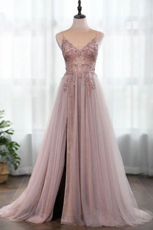 Dusty Pink Spaghetti Straps Gorgeous Beading Prom Dress A Line Split Tulle Evening Dresses Tunics Handmade artisanal