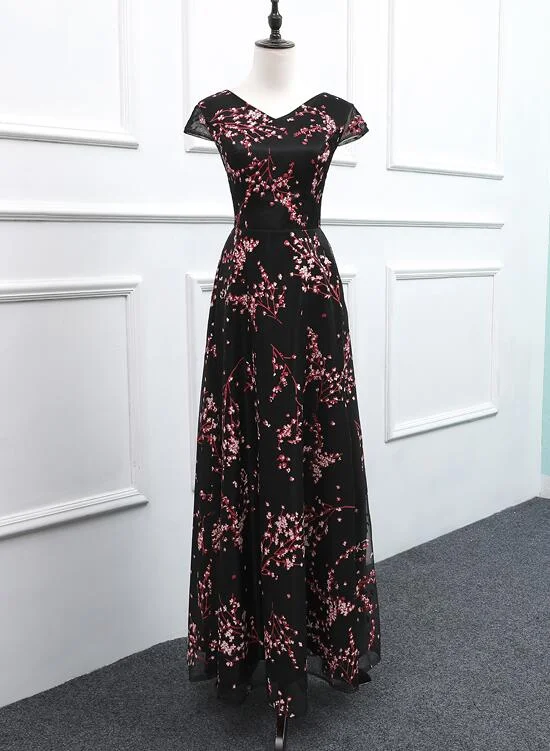 Elegant Cap Sleeves Floral Black Party Dress, A-line Prom Dress Tunics Evening elegant