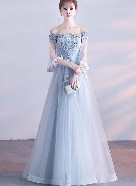 Elegant Grey Tulle Long Party Dress , Off Shoulder Bridesmaid Dress sweetheart Neckline Romantic