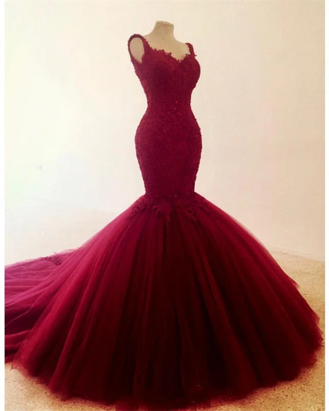 Elegant Lace Embroidery Sweetheart Mermaid Tulle Prom Evening Dresses Peplum Ruffle Cocktail