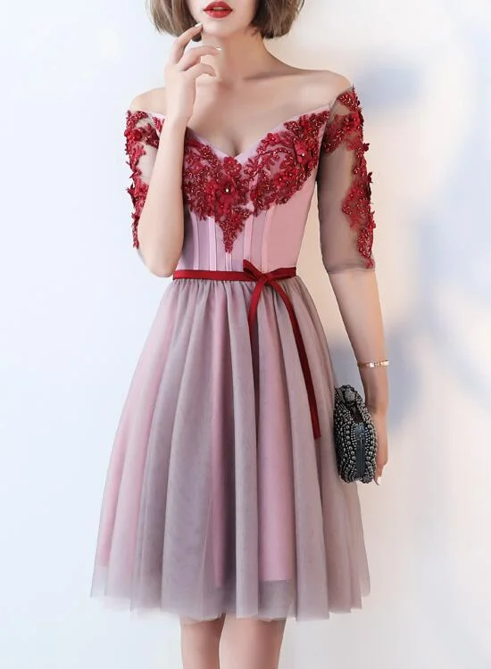 Elegant Pink Tulle V-neckline Party Dress , Pink Short Prom Dress High-Low Hemline Casual