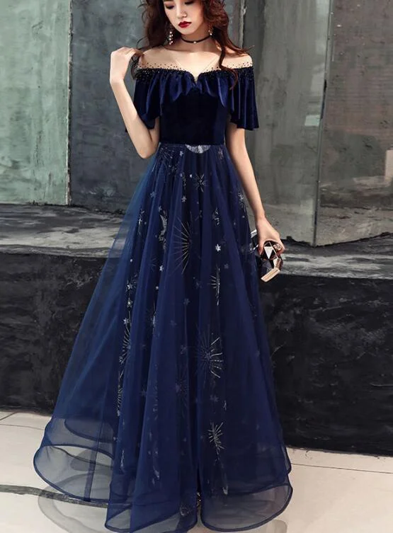 Elegant Velvet Bodice Tulle Long Formal Dress, Navy Blue Party Dress Tunics Review highly