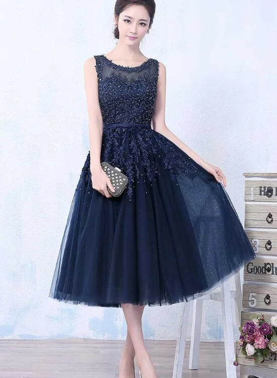 Elegant Vintage Style Tea Length Bridesmaid Dress, Navy Blue Party Dress Sequined Elegant Party