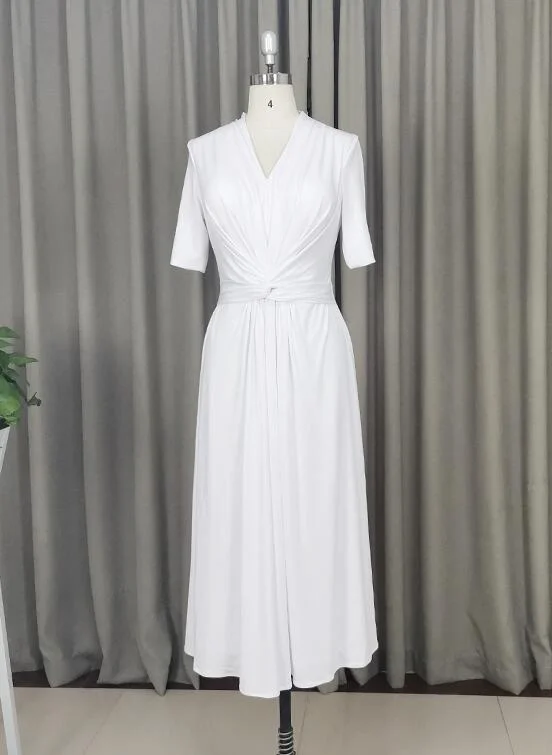 Elegant White Spandex Tea Length Wedding Party Dress, Mother of Bridal Dress Tunics Modern contemporary