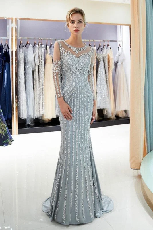 Excellent Precious Awesome Gray Beaded Evening Dresses Luxury Mermaid Crystal Sweep Train Long Sleeves Prom Dress Tunics Bestseller popular