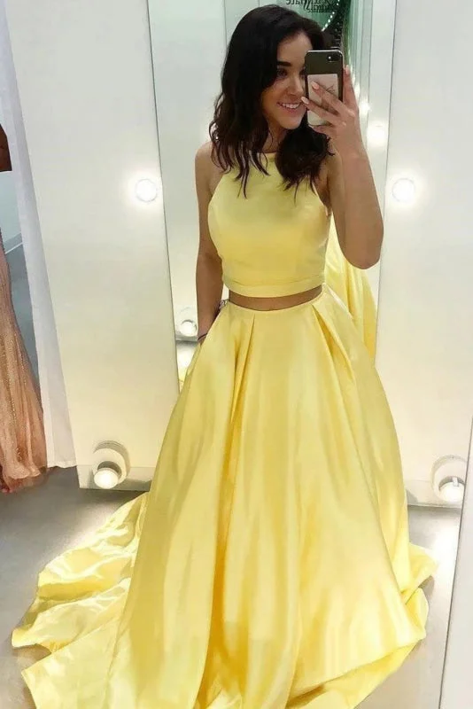 Exquisite Excellent Two Piece Yellow Satin Formal Evening Dress Simple Long Prom Dresses Cowl Neckline Elegant