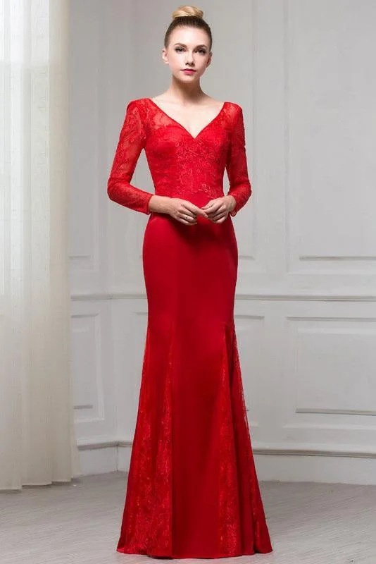 Fascinating Excellent Red Long Sleeves V Neck Mermaid Floor Length Evening Dress with Lace Tunics Satin smooth