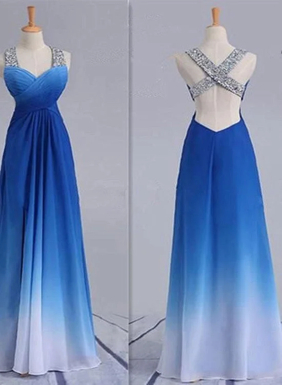 Fashionable Gradient Blue Sequins Long Prom Dress, Blue Party Dress sweetheart Neckline Romantic