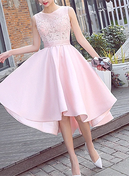 Fashionable High Low Satin Lace Pink Party Dress, Pink Bridesmaid Dress Tunics Sophisticated sleek