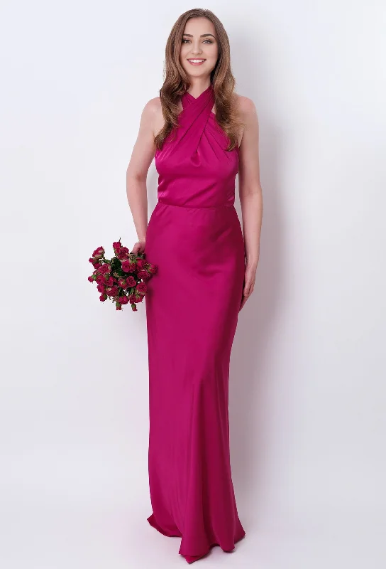 Fuschia Silk Satin Long Halter Open Back Bridesmaid Dress Wedding Guest Dress Evening Dress Tunics New arrival Fuschia Silk Satin Long Halter Open Back Bridesmaid Dress Wedding Guest Dress Evening Dress Tunics New arrival