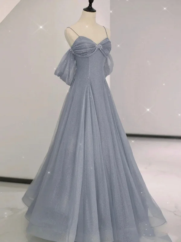 Gray A line tulle off shoulder prom dress, gray long evening dress Tunics Vintage classic