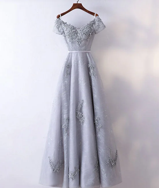 Gray v neck tulle lace applique long prom dress, lace evening dress Satin Halter Glamorous