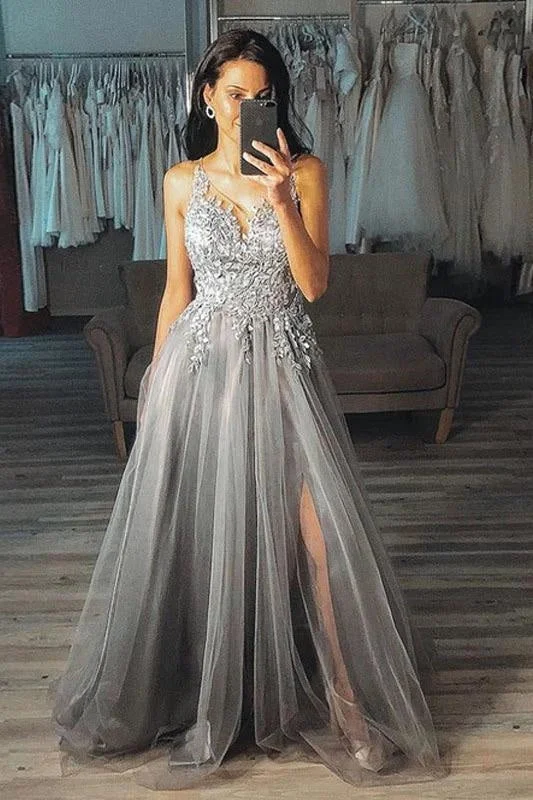 Grey A Line V Neck Appliques Tulle Prom Gray Split Long Evening Dress Turtleneck Neckline Stylish