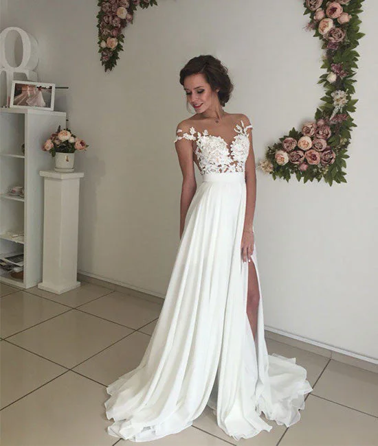 ivory chiffon lace round neck long prom dress, evening dress Tunics Ceremony elegant